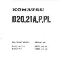 Komatsu Bulldozers Model D20A-5 Shop Service Repair Manual - S/N 45001-UP