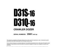 Komatsu Bulldozers Model D31S-16 Shop Service Repair Manual - S/N 25001-UP