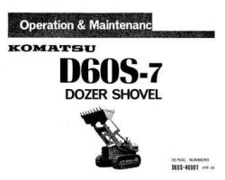 Komatsu Bulldozers Model D60S-7 Owner Operator Maintenance Manual - S/N 40001-UP
