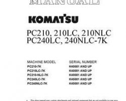 Komatsu Excavators Crawler Model Pc210Lc-7-K Shop Service Repair Manual - S/N K40001-UP