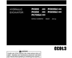 Komatsu Excavators Crawler Model Pc600-8-E0 Owner Operator Maintenance Manual - S/N 65001-UP