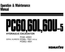 Komatsu Excavators Crawler Model Pc60-5 Owner Operator Maintenance Manual - S/N 20501-UP