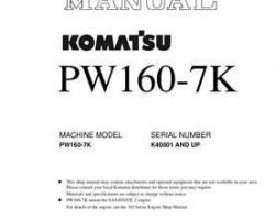 Komatsu Excavators Wheeled Model Pw160-7-K Shop Service Repair Manual - S/N K40001-UP