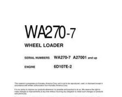 Komatsu Wheel Loaders Model Wa270-7 Shop Service Repair Manual - S/N A27001-UP