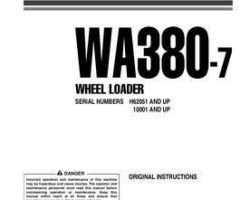 Komatsu Wheel Loaders Model Wa380-7 Owner Operator Maintenance Manual - S/N H62051-UP