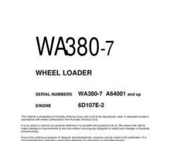 Komatsu Wheel Loaders Model Wa380-7 Shop Service Repair Manual - S/N A64001-UP