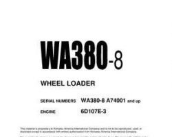 Komatsu Wheel Loaders Model Wa380-8 Owner Operator Maintenance Manual - S/N A74001-UP