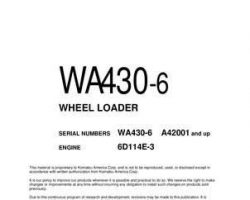 Komatsu Wheel Loaders Model Wa430-6 Owner Operator Maintenance Manual - S/N A42001-UP