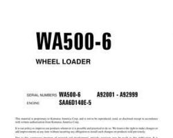 Komatsu Wheel Loaders Model Wa500-6 Shop Service Repair Manual - S/N A92001-UP