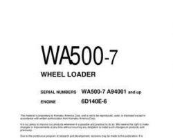 Komatsu Wheel Loaders Model Wa500-7 Owner Operator Maintenance Manual - S/N A94001-UP