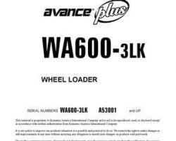 Komatsu Wheel Loaders Model Wa600-3-Lk Owner Operator Maintenance Manual - S/N A53001-UP