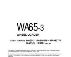 Komatsu Wheel Loaders Model Wa65-3 Owner Operator Maintenance Manual - S/N HA940549-HA940771