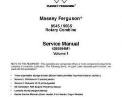 Massey Ferguson 9545 9565 Rotary Combine Service Manual Packet