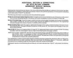 Massey Ferguson 8570 Rotary Combine Amendment Service Manual