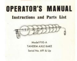 Farmhand 1PD709272 Operator Manual - F110-A Tandem Axle Rake (eff sn 691, 1972)